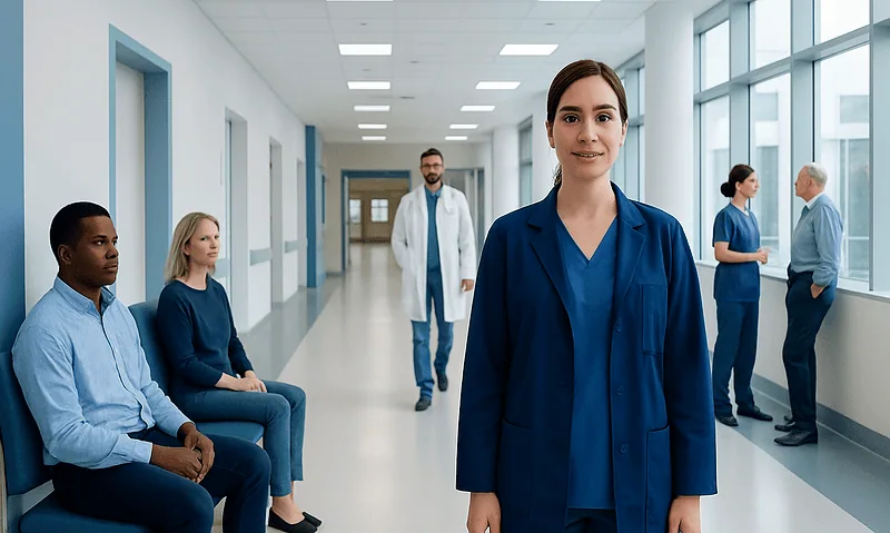 Healthcare professionals in a hospital corridor with a female nurse in the foreground.
