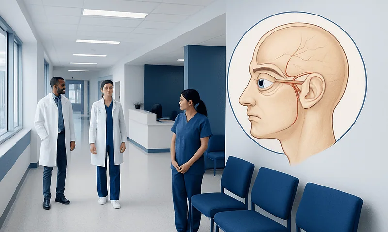 Medical team discussing patient care in hospital corridor with brain anatomy diagram.