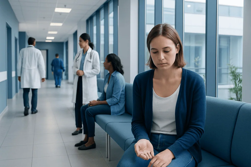 Abortion Pill: What It Treats, How It Works, and What to Watch For 1 Young woman waiting alone in a hospital corridor with medical staff in the background.