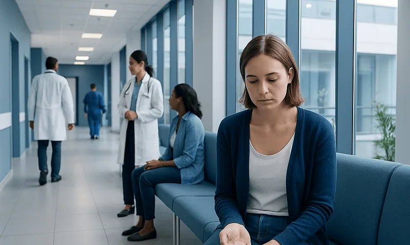 Young woman waiting alone in a hospital corridor with medical staff in the background.