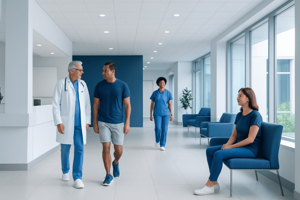 Achilles Tendon: A Complete Medical Overview 1 Doctor and patient walking in hospital corridor with staff and waiting area.