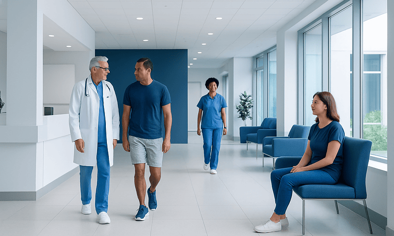 Doctor and patient walking in hospital corridor with staff and waiting area.