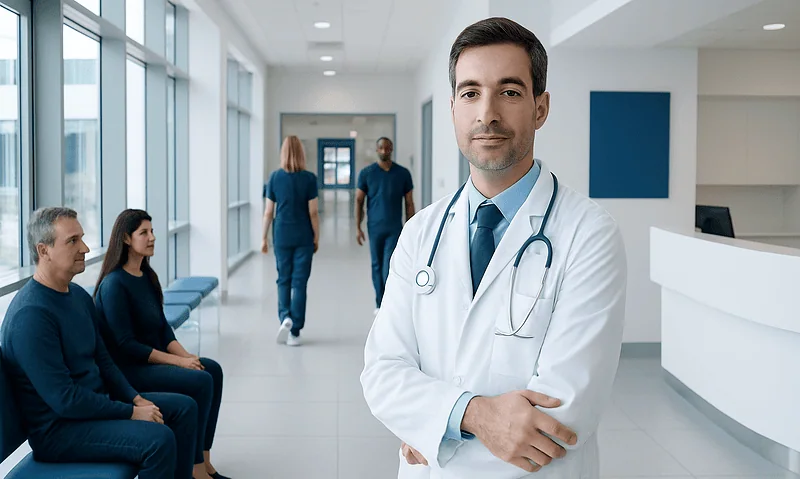 Doctor in hospital corridor with patients waiting and staff in background.