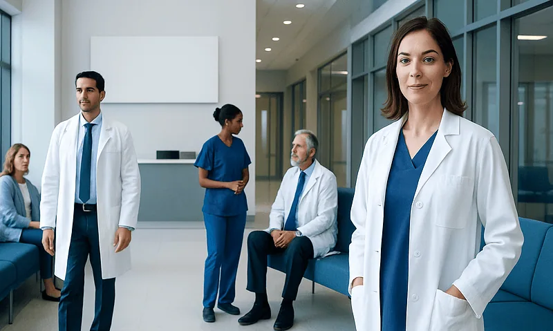 Healthcare professionals in a modern hospital lobby with patients and staff.