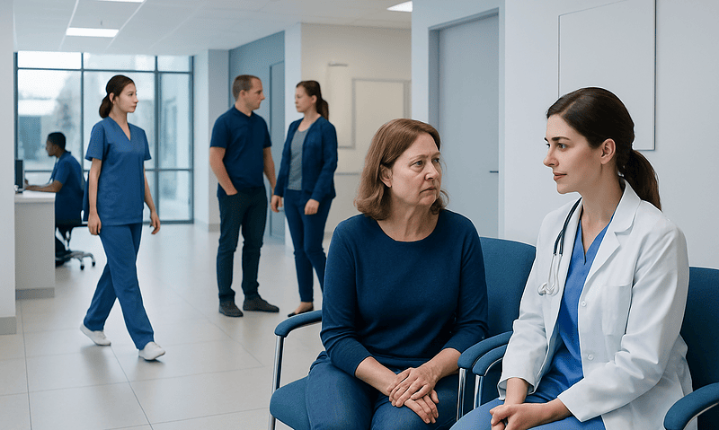 Doctor consulting with a patient in a hospital corridor.