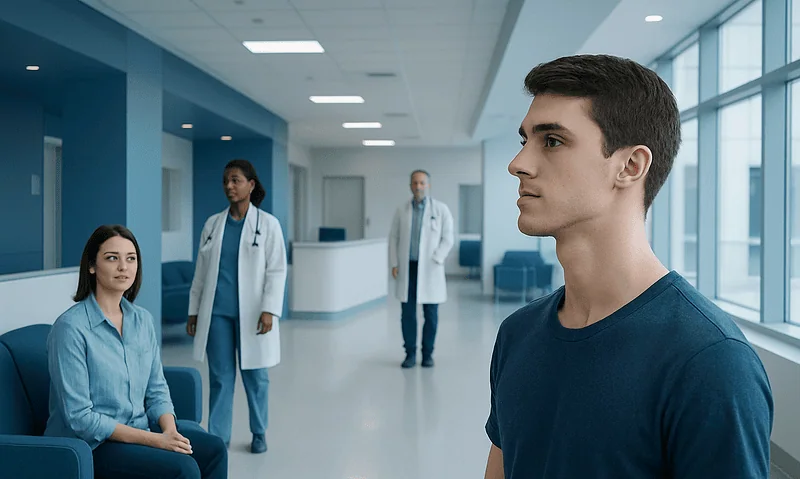 Young man at ENT clinic for throat examination or consultation.