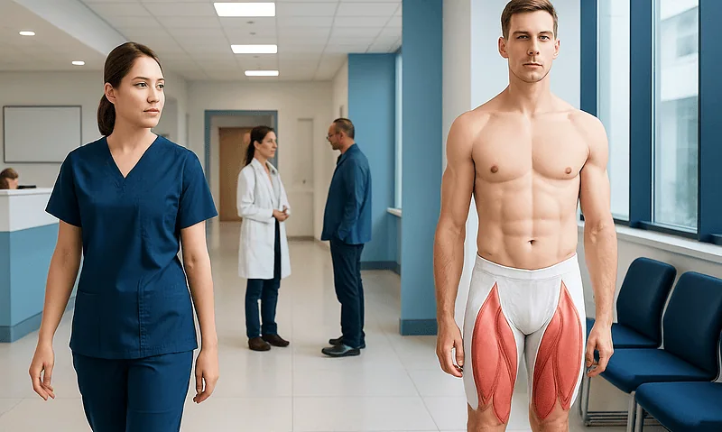 Medical professional and patient in hospital corridor with muscle anatomy model.