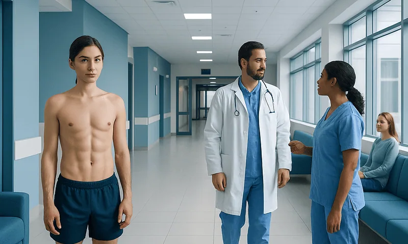 Young man with defined abdominal muscles in hospital corridor.