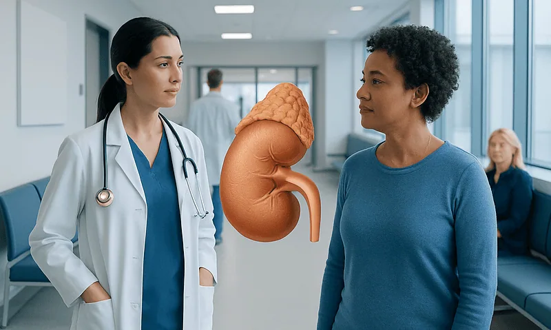 Doctor explaining adrenal gland to patient in hospital corridor.