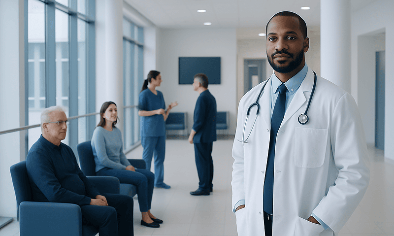 Doctor with patients in a modern hospital corridor.