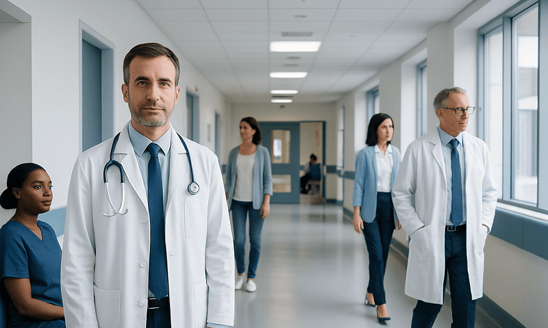 Medical team in hospital corridor with doctors and nurse at Acibadem Hospitals Group.