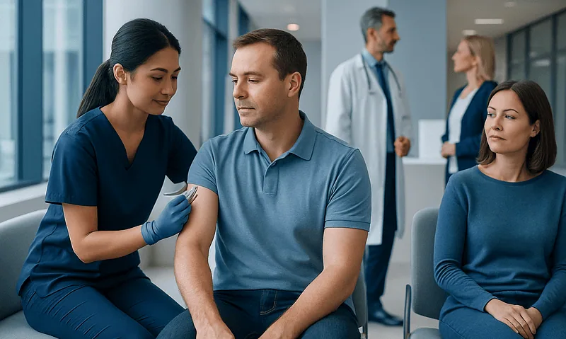 Healthcare professional administering vaccine to a patient in a modern clinic.