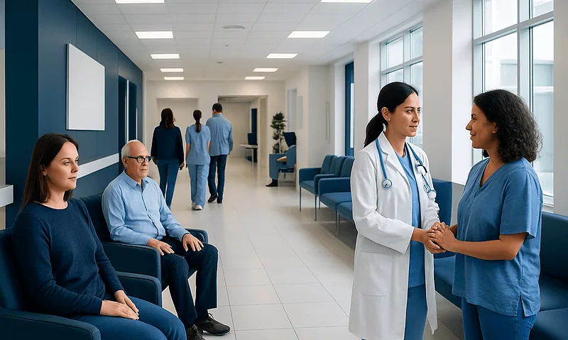 Healthcare professionals and patients in a modern hospital corridor.