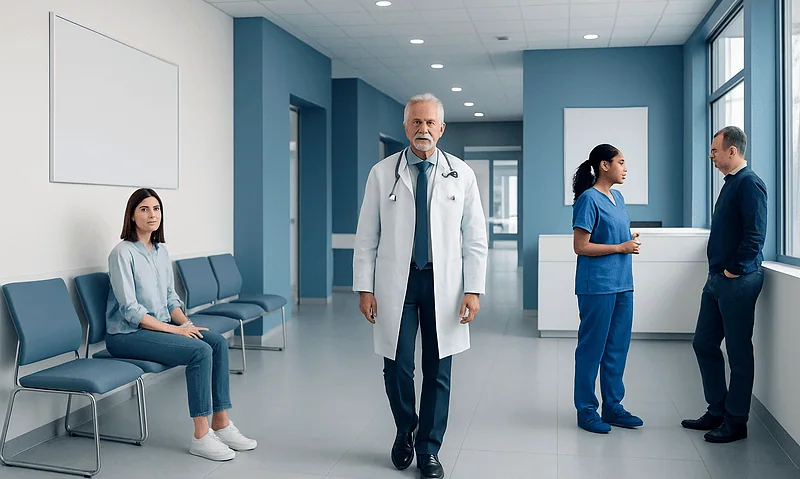 Medical professionals and a patient in a hospital corridor at Acibadem Hospitals Group.