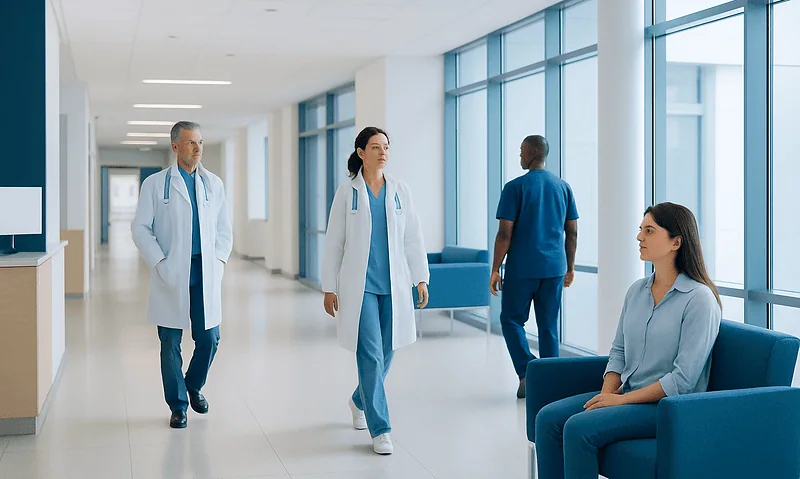 Medical professionals walking in a hospital corridor with patients nearby.