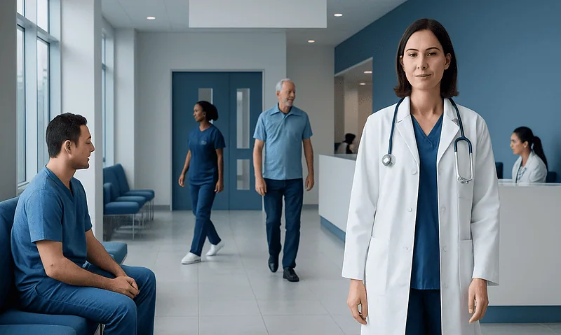Healthcare professionals and patients in a modern hospital lobby.