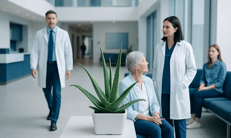 Medical staff and patient in hospital lobby with aloe vera plant.