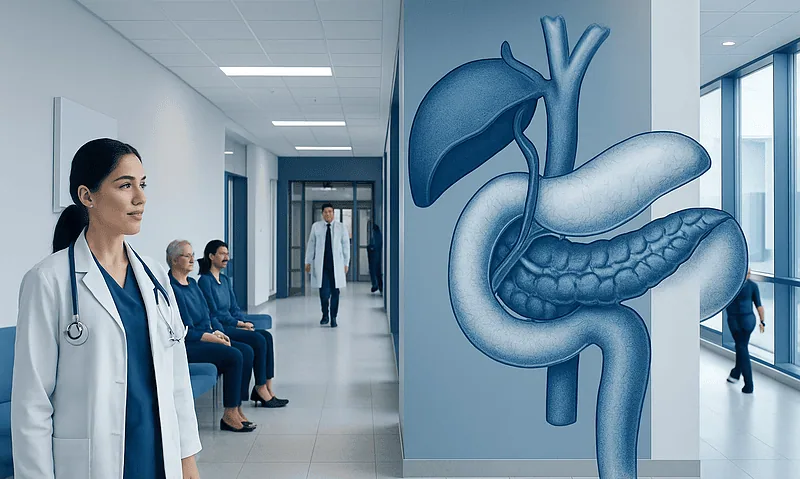 Medical professionals in a hospital corridor with a large digestive system diagram.
