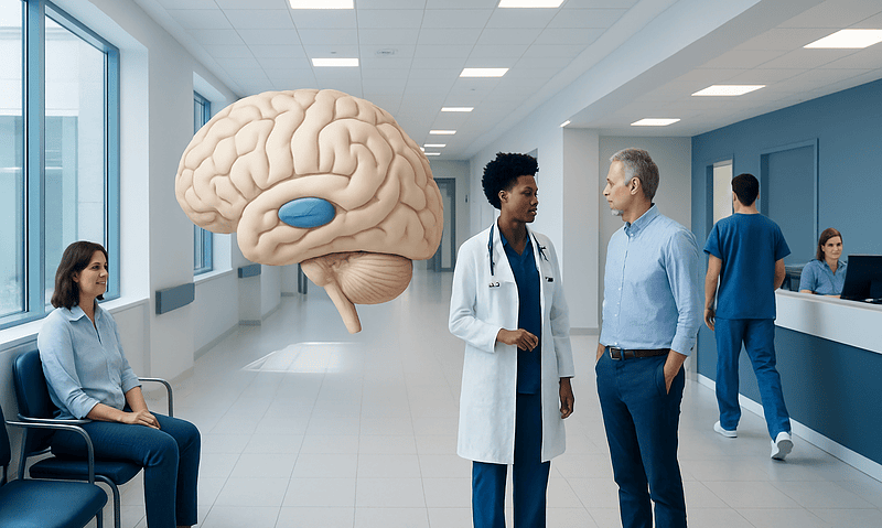 Medical professionals discuss brain health in a hospital corridor with a brain illustration.