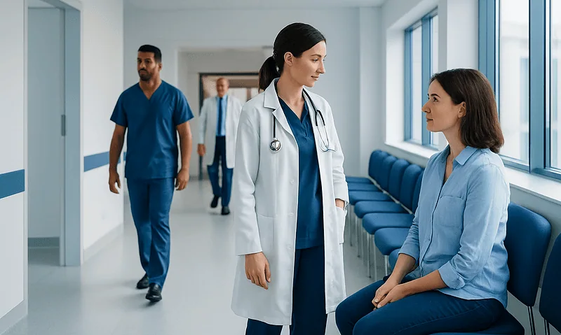 Doctor consulting patient in hospital corridor with medical staff in background.