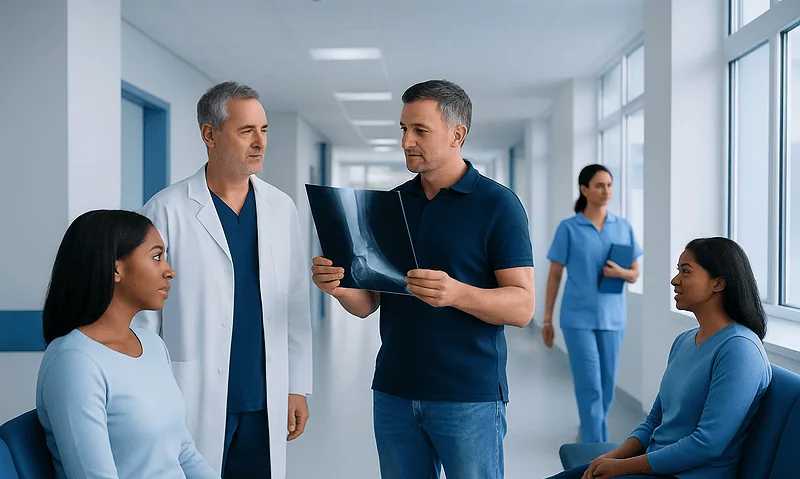 Medical team discussing ankle bursitis diagnosis with patient in hospital corridor.