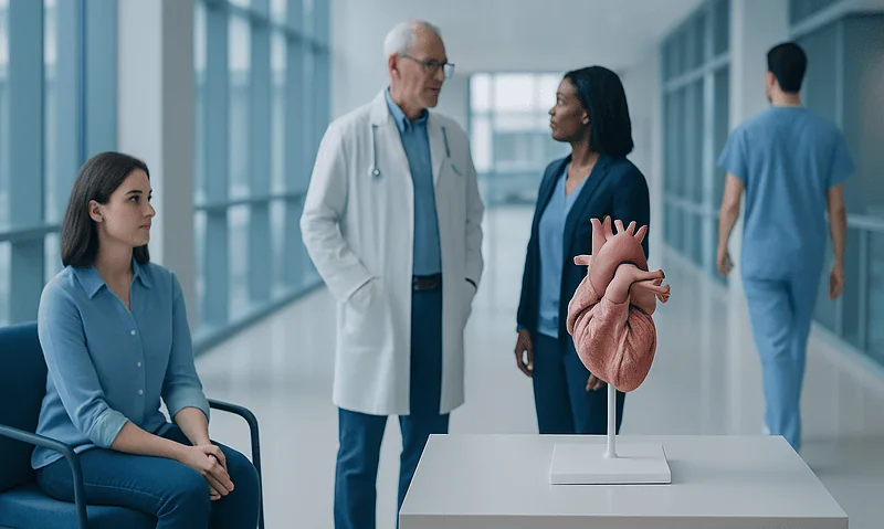 Medical professionals discuss heart health with a 3D heart model in hospital corridor.