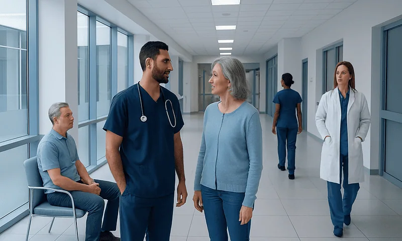 Healthcare professionals and patient in hospital corridor at Acibadem Hospitals Group.
