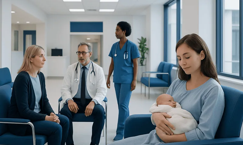 New mother holding her newborn in a hospital waiting area.