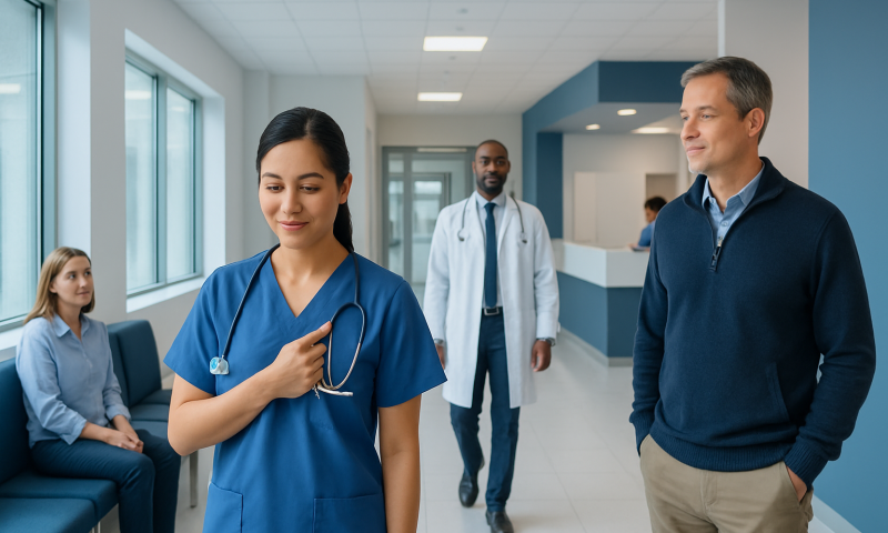 Healthcare professionals in a hospital corridor with a nurse and a patient.