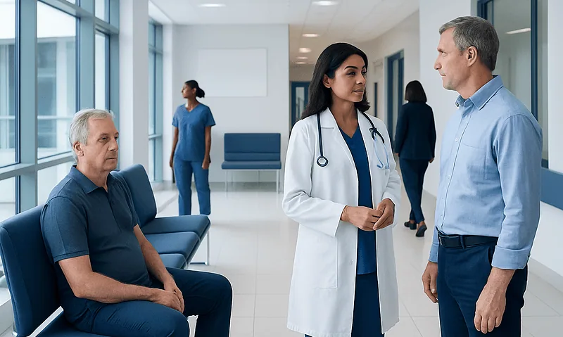 Doctor consulting with patient in hospital corridor.