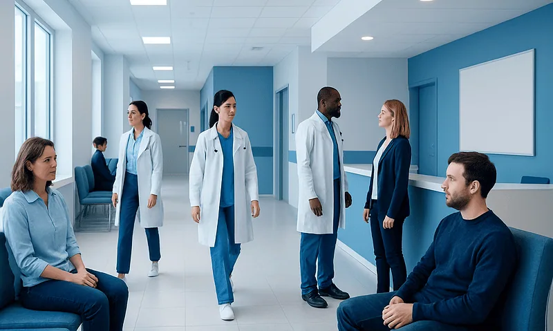 Medical team consulting patients in a hospital corridor.