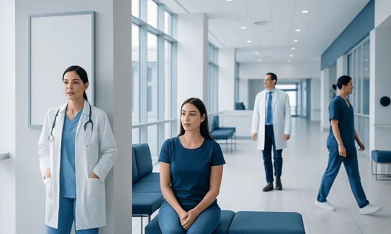 Patients waiting in a modern hospital corridor with medical staff nearby.