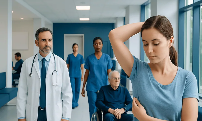 Patient experiencing discomfort in the armpit area at a hospital.