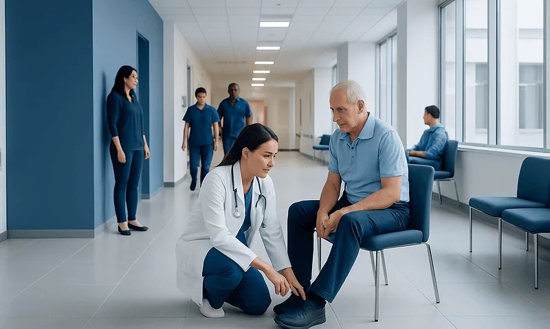 Doctor checking patient's pulse in a hospital corridor.