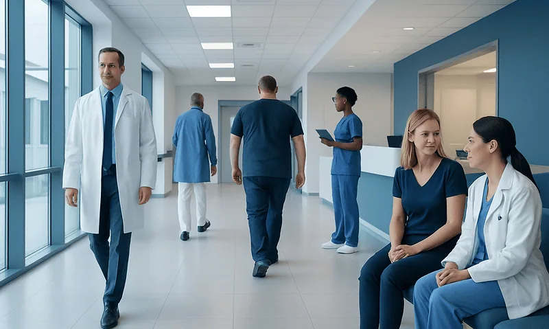 Healthcare professionals and patients in a modern hospital corridor.