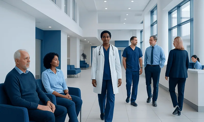 Average Life Expectancy Us — Explained by Medical Evidence, Not Myths 7 Diverse medical team in modern hospital lobby with patients and staff.