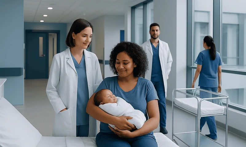 New mother holding her newborn in a hospital room with medical staff nearby.