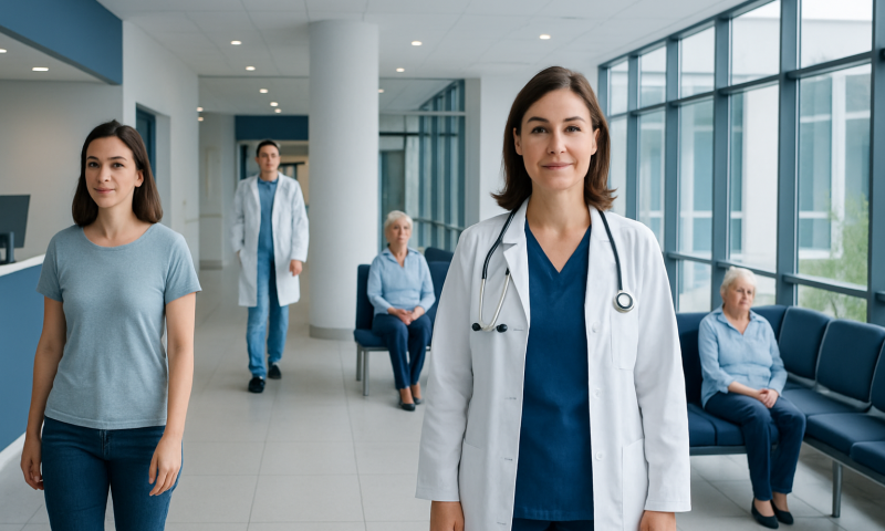 Healthcare professionals and patients in a modern hospital corridor.