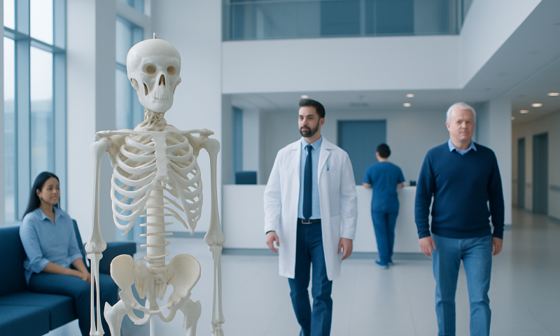 Medical professionals and a skeleton model in a modern hospital lobby.