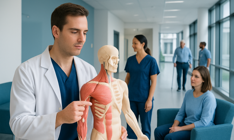 Axillary Nerve: An Evidence-Based Guide for Patients 4 Medical professional explaining shoulder muscles with anatomical model at hospital.