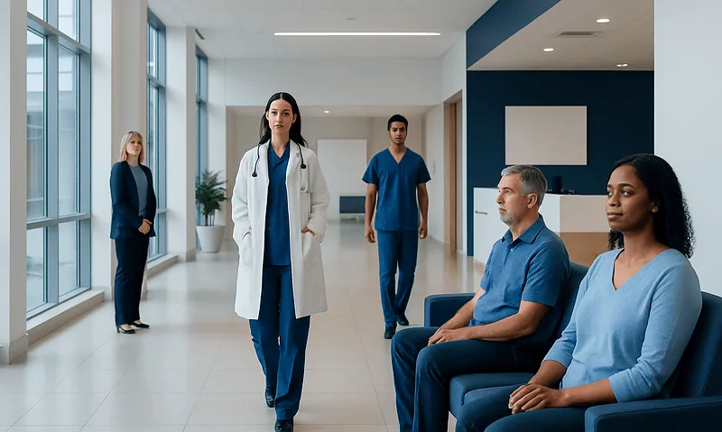 Medical team in hospital corridor with patients waiting.