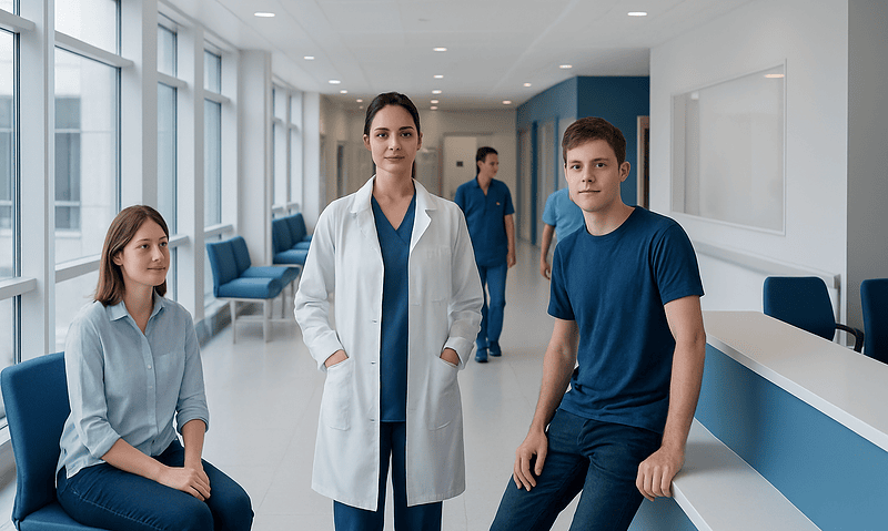 Medical professionals and patient in a modern hospital corridor.