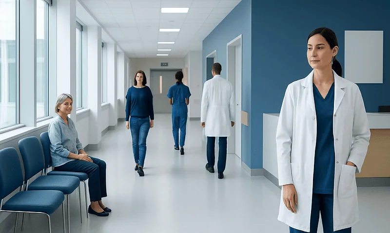 Healthcare professionals and patient in a modern hospital corridor.