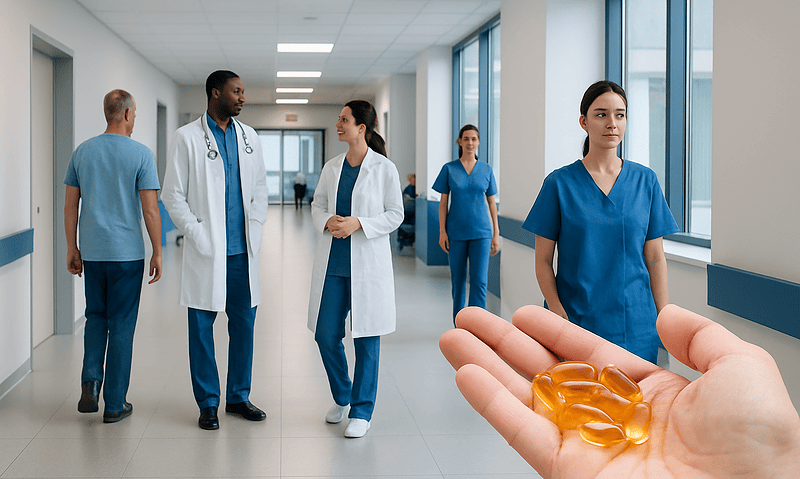 Medical staff and a hand holding omega-3 supplements in a hospital corridor.