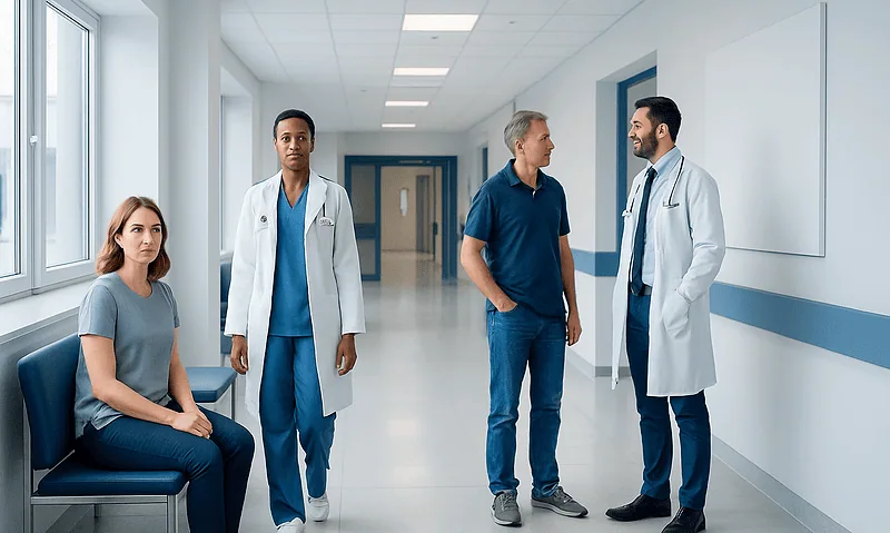 Medical team discussing patient care in hospital corridor.