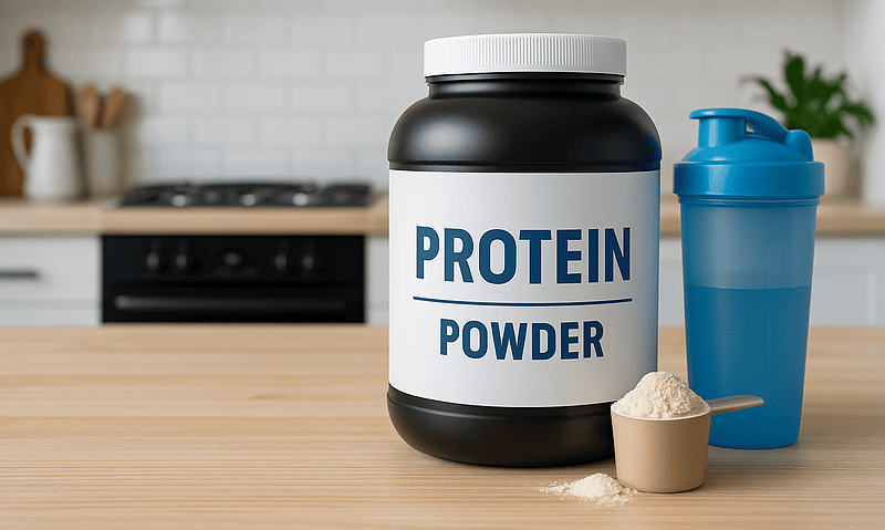 Protein powder container with scoop and shaker on kitchen counter.