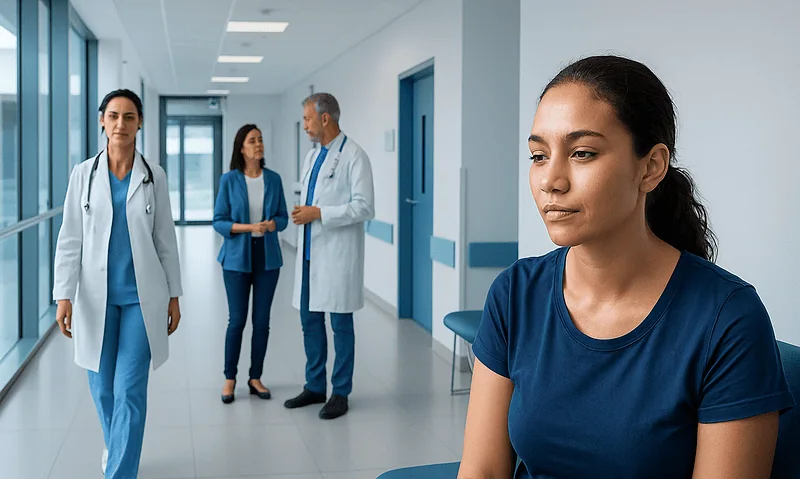 Young woman with oily skin waiting in a hospital corridor.