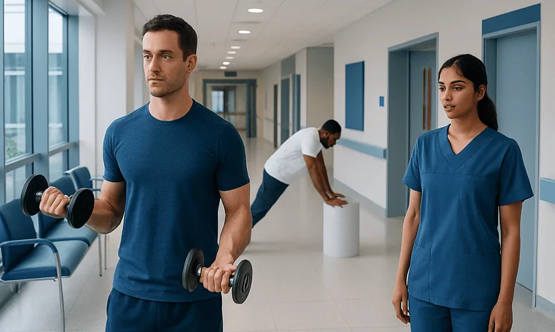 Man lifting dumbbells in hospital corridor with nurse and staff in background.