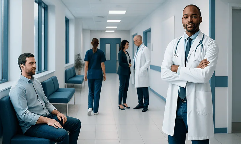 Medical professionals and patient in hospital corridor at Acibadem Hospitals Group.