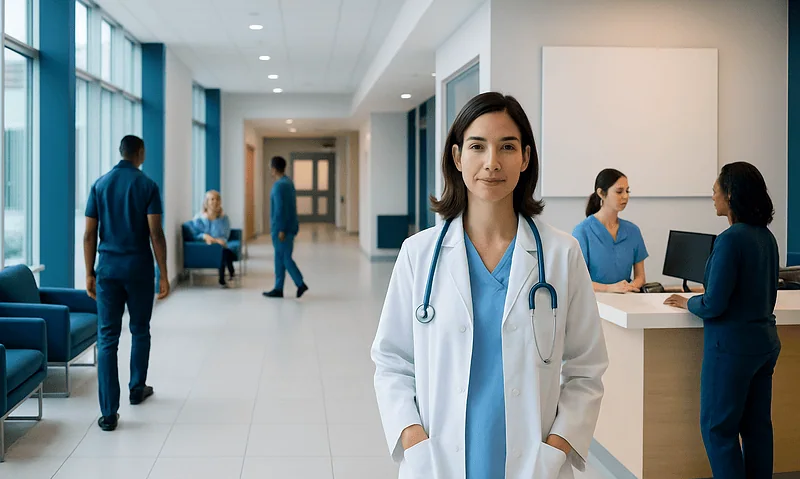 Healthcare professional in hospital lobby with staff and patients.